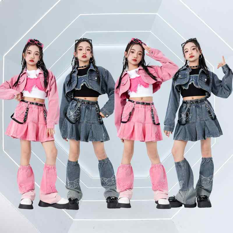 ダンス衣装 ガールズ ジャズダンス セットアップ キッズ デニム チアガール 舞台 発表会 長袖 トップス..