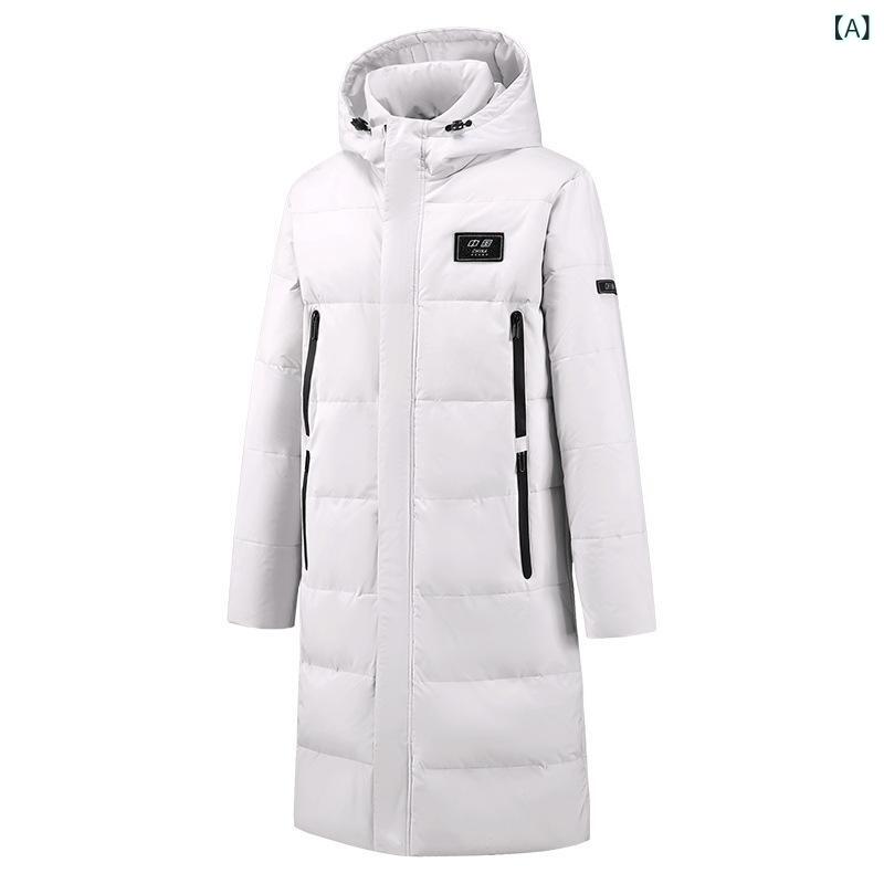 羽绒服 男性用 防風 中綿入り フード付き 中長丈 厚手 アウター ペア 上着 ポリエステル 冬 白 黒