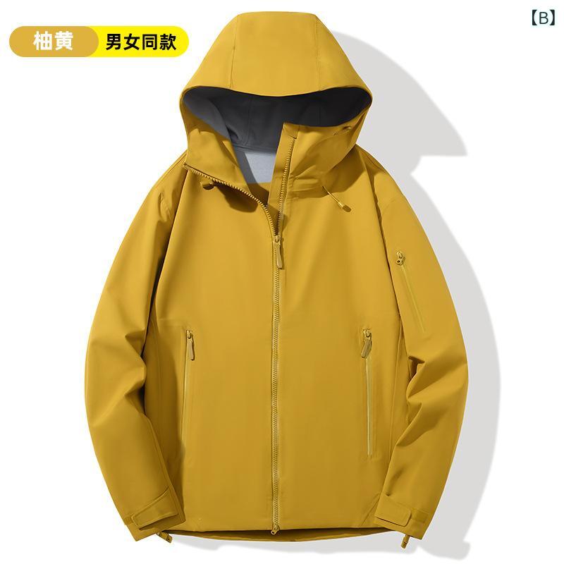 シャドーテールのマウンテンパーカー 男女兼用 春秋 防風 防水 フード付き ジャケット 登山 ウェア アウトドア 旅行 ゆったりシルエット ポリエステル イエロー カーキ ブラック｜アングル2