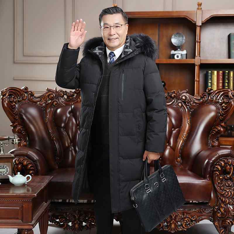 羽绒服 男性用 中高年 加厚 防寒 防水 撥水 アウター ロング丈 フード付き 紳士 シニア 冬 黒 青