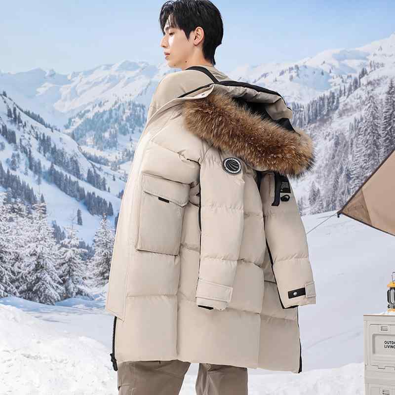 羽绒服 男性用 ロング丈 膝丈 オーバーサイズ ファー襟 厚手 防寒 アウター 極寒地対応 厳冬 ポリエステル 無地 通勤 カジュアル 米白 黒
