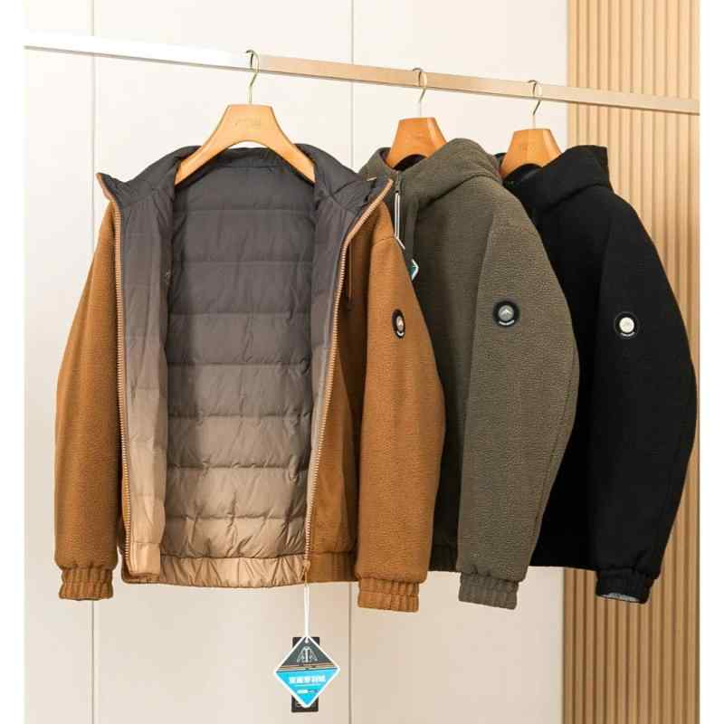 ダウンジャケット 男性用 両面着用 300g フリース 羊羔毛 厚手 防寒 保温 秋冬 立襟 ルーズ