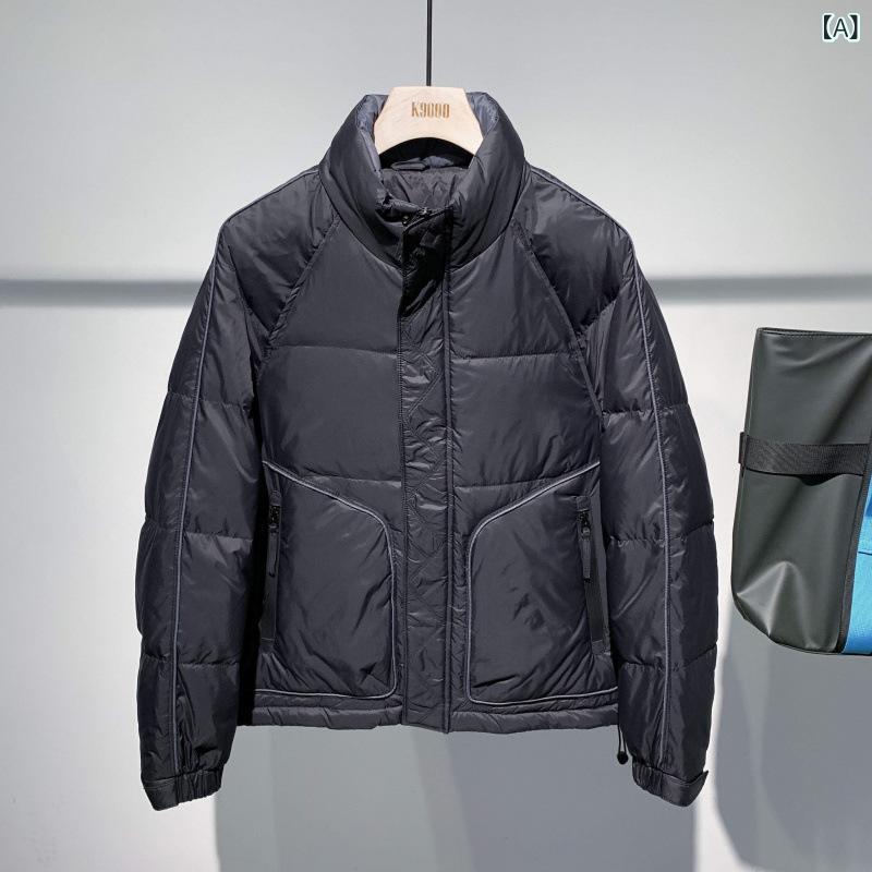 シャドーテールの羽毛布団 男性用 ブルゾン ゆったり ショート丈 防寒 アウター 立ち襟 トップス カジュアル スタイル 黒 ブラック グレーブルー｜アングル2