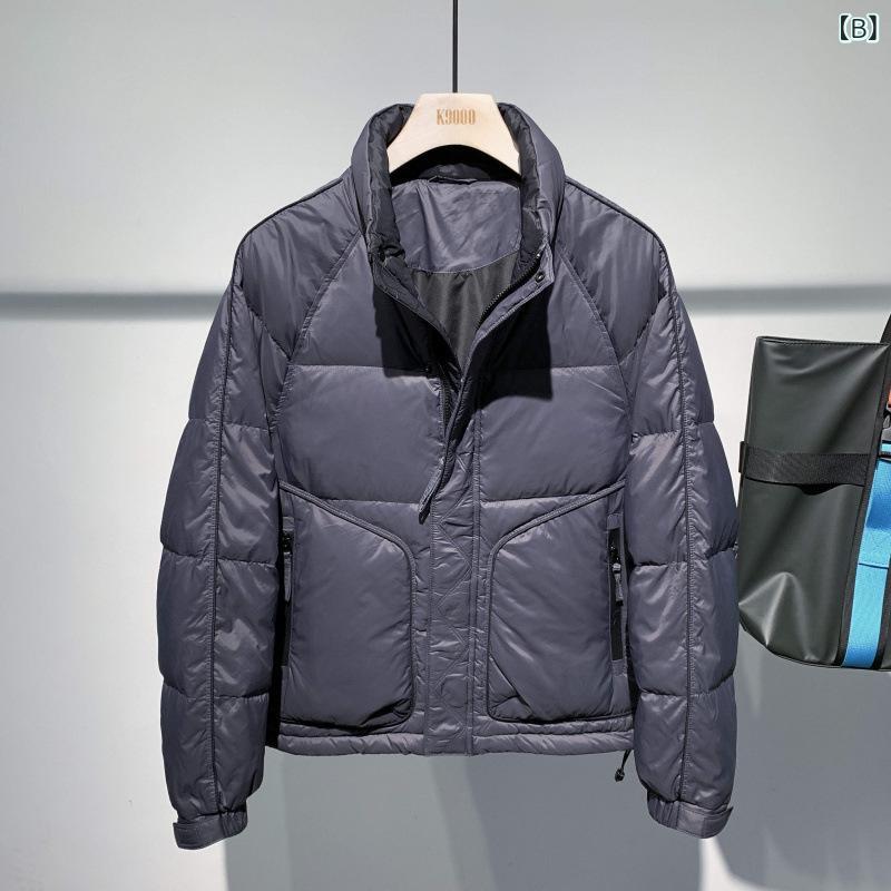 シャドーテールの羽毛布団 男性用 ブルゾン ゆったり ショート丈 防寒 アウター 立ち襟 トップス カジュアル スタイル 黒 ブラック グレーブルー｜アングル3