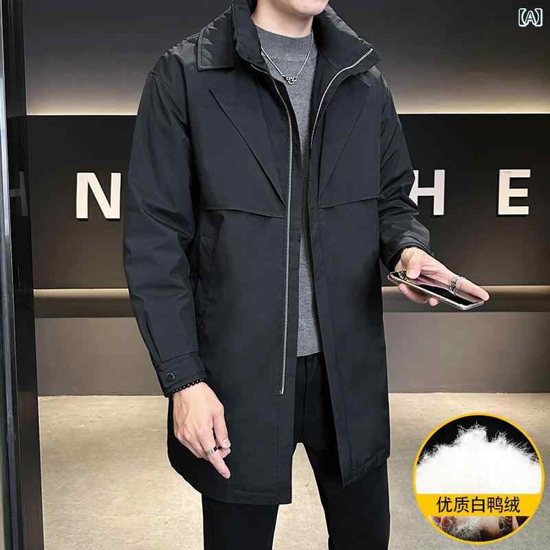 ダウンジャケット 男性用 フェイクレイヤード ミドル丈 白ダックダウン フード付き 防寒 暖かい 洗濯機洗い可能 ブラック カーキ 秋冬