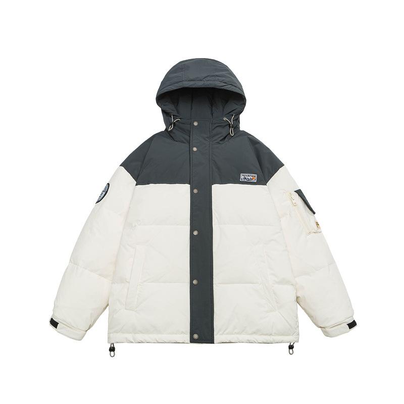 羽絨服 メンズ 男性用 防寒 アウター 配色 切り替え フード付き アメリカン カジュアル ゆったり リラックス 白アヒルダウン ポリエステル 秋冬