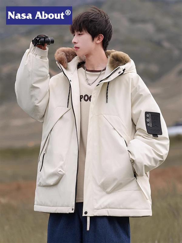 羽絨服 男性用 ダウンジャケット 取り外し可能フード付き ミリタリージャケット 防寒 防風 保温 アウター ウェア ポリエステル 秋冬 ベージュ ブラック カーキ