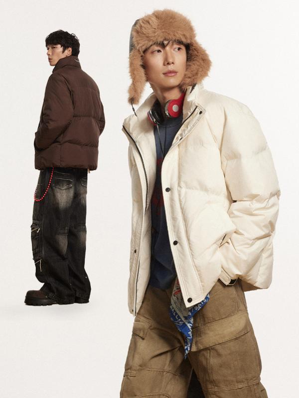 羽絨服 男性用 日系 レトロ キルティング 無地 スタンドカラー 大きいサイズ ゆったり 防寒 アウター 白ダックダウン ポリエステル 米白色 黒色 コーヒー色