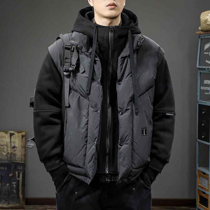 羽絨服 男性用 冬季 潮牌 假2件風 フード付き 軽量 鸭绒 アウター 宽松 厚手 防寒 保温 ストリート カジュアル ブラック コーヒーブラウン
