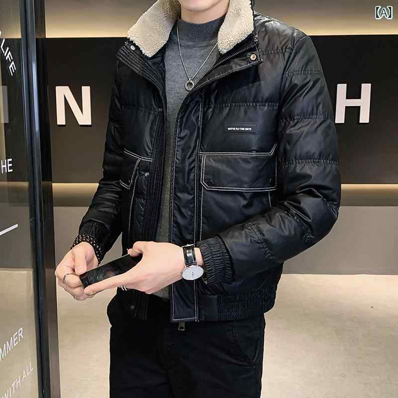 ダウンジャケット メンズ 冬 合体型 羊羔毛 襟 フェイクレザー アウター 防寒 普段使い 部屋着 ブラック グリーン