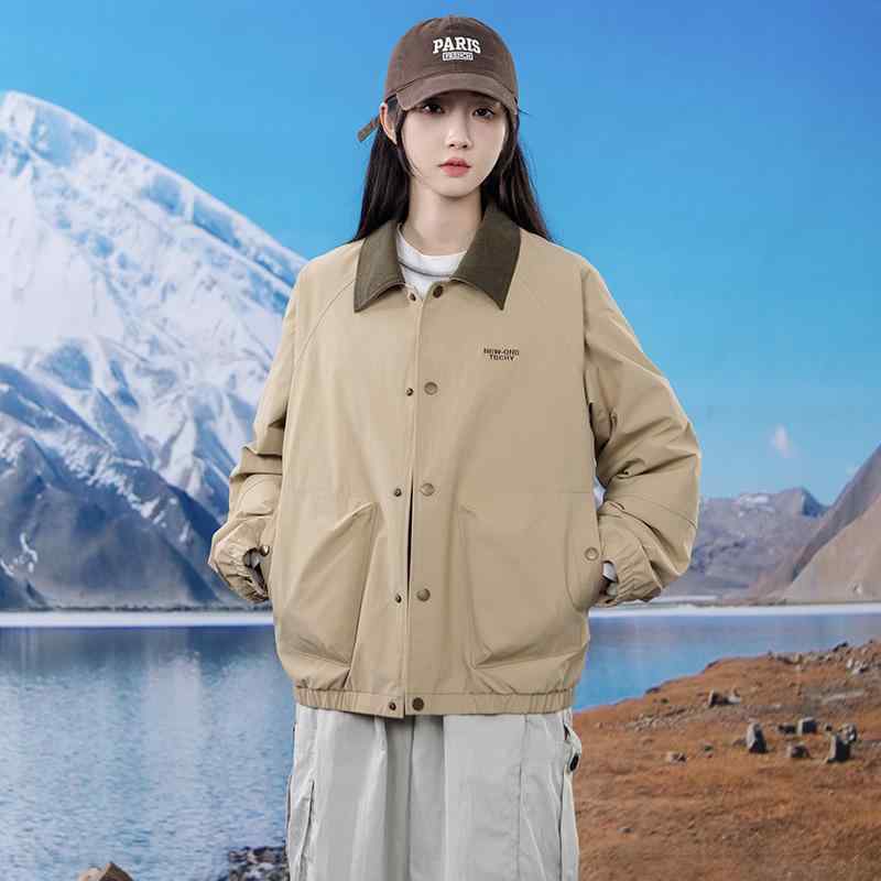 羽绒服 男女兼用 防寒 アウター カーキ色 ミリタリーグリーン 襟付き ショート丈 ポリエステル 普段使い 秋冬