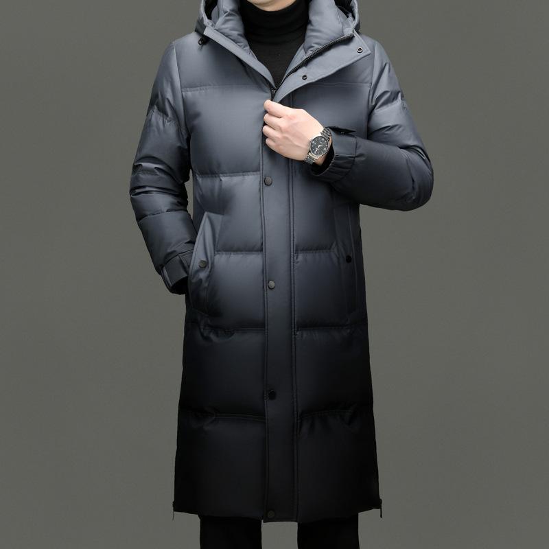 羽绒服 男性用 ロング丈 グラデーション フード付き 防寒 アウター 中年 合体 形状 ポリエステル100% 秋冬 ブルー ブラック 普段使い