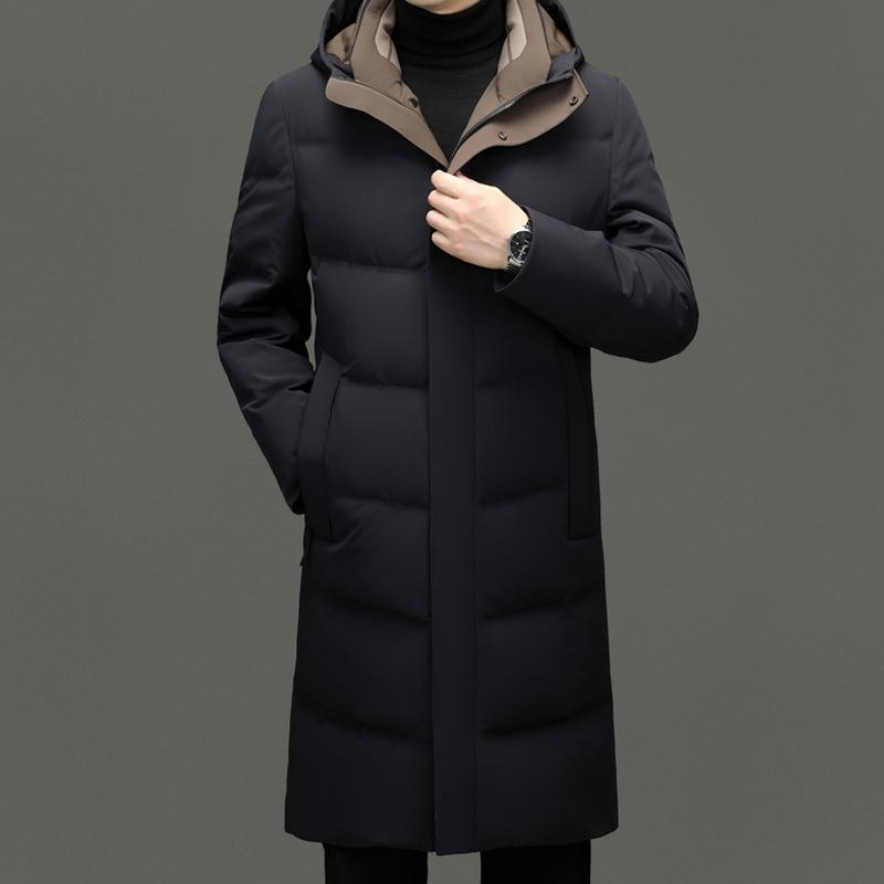 ダウンジャケット メンズ 男性用 ビジネス 防寒 加厚 保温 ひざ丈 フード付き 撥水 防風 紳士服 アウター コート 冬 紺色 ネイビー ポリエステル