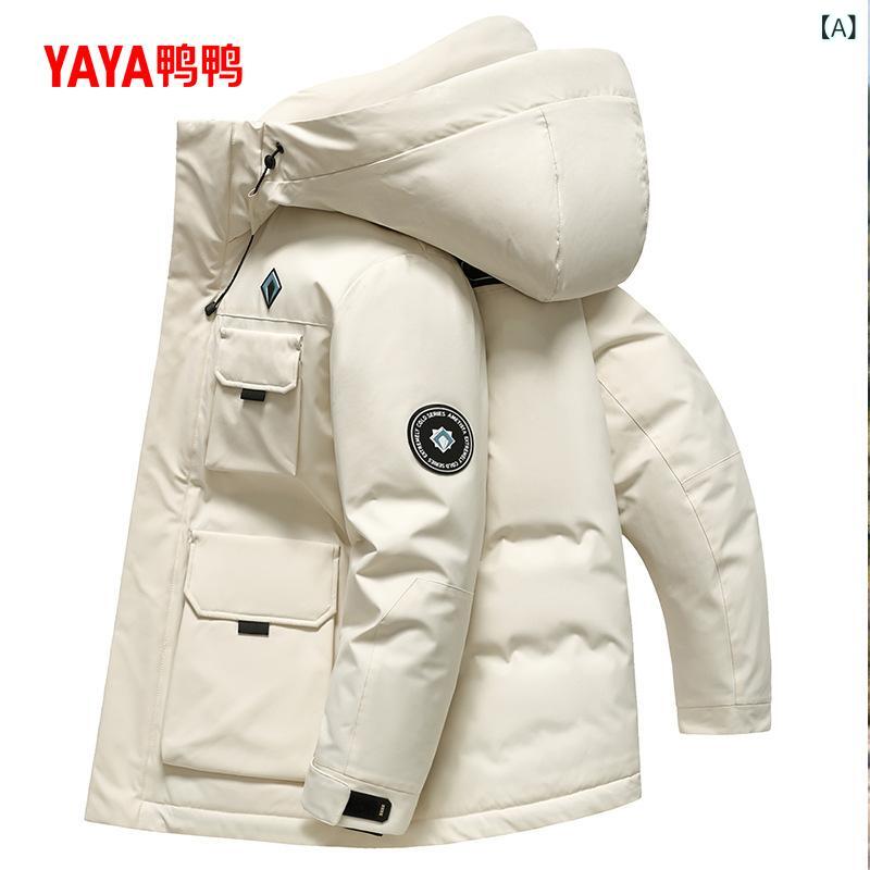 羽绒服 メンズ 男性用 秋冬 ショート丈 フード付き 暖かい 防寒 アウター ジャンパー ブルゾン 作業着 スポーツ 普段使い アウトドア 燕麦色 紺色 黒 カーキ色 ポリエステル