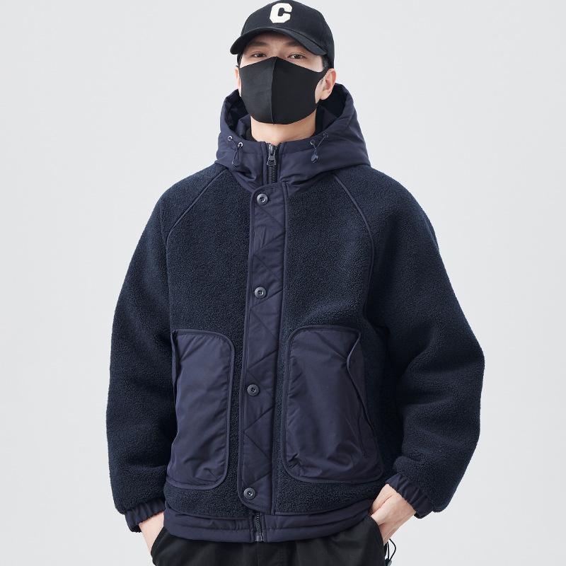 ダウンジャケット メンズ 冬用 厚手 防寒 保温 フード付き ワークスタイル 男性用 ラムウール風 アウター コーデュロイ 切り替え
