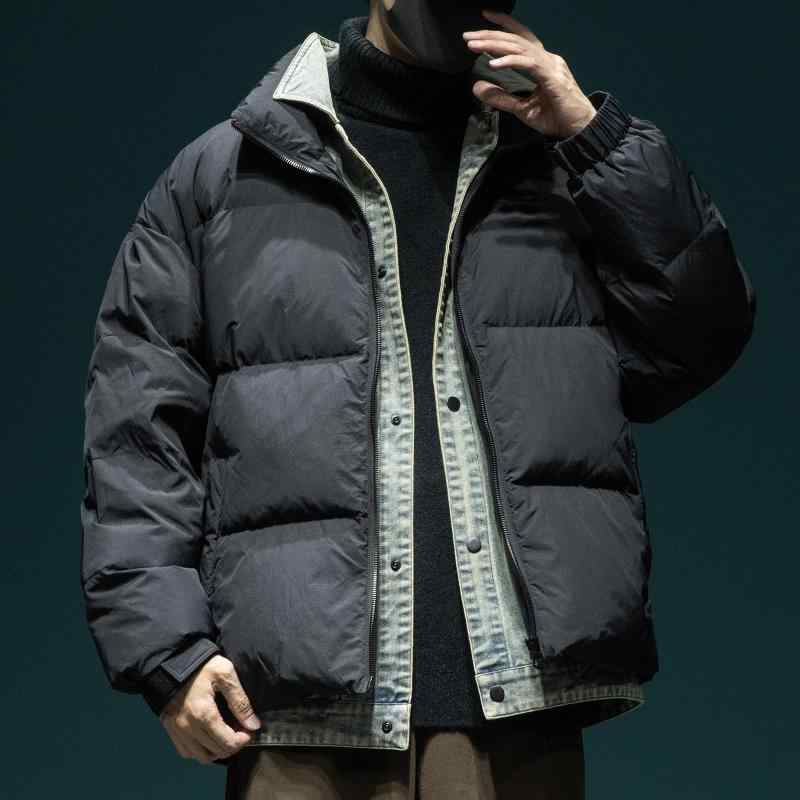 羽绒ジャケット 男性用 デニム 切り替え 襟付き 白ダックダウン 中綿 ゆったりサイズ 厚手 防寒 アウター 秋冬 黒 グレー 運動着