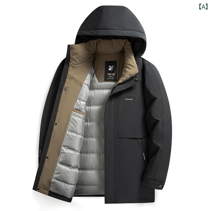 羽絨服 メンズ 男性用 中綿入り ジャケット 中長丈丈 アウター フード付き 防寒 防水 防風 撥水 暖かい あったか カジュアル ビジネス 秋冬 ブラック カーキ ネイビー