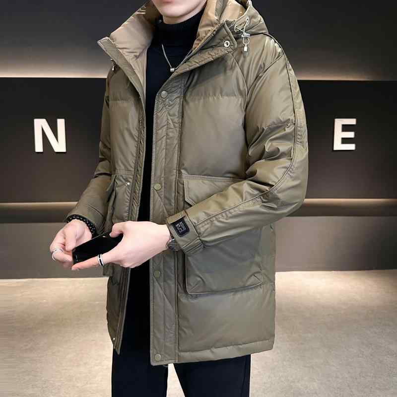 ダウンジャケット 男性用 ミドル丈 軍緑色 コーデュロイ 軽量 暖かい 防寒