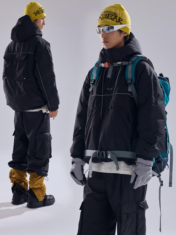 羽绒服 男性用 冬季 アウトドア 刺繡 フード付き ハーフジップ 90% ホワイトダックダウン スキーウェア 防風 抗寒 宽松 厚手 ポリエステル ブラック