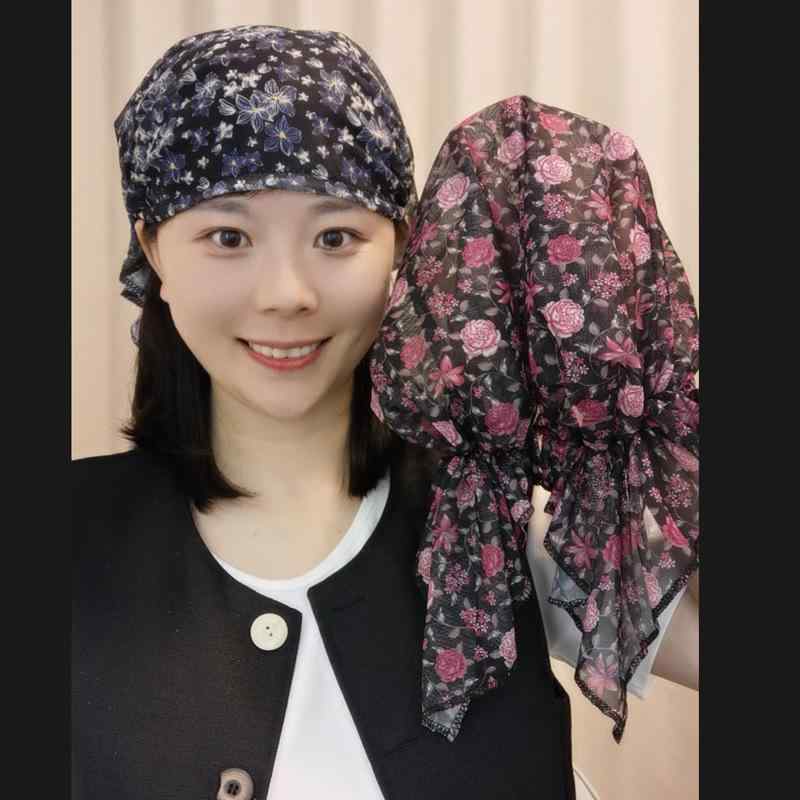 帽子 レディース 包頭帽 ネット メッシュ 通気性 花柄 リボン 大きめ 春夏 ブルー ピンク ローズ ホワイト ブラック ドット ポリエステル