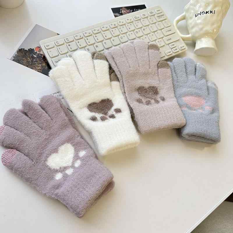 手袋 レディース ニット手袋 秋冬 スマートフォン対応 防寒 あったか グローブ ベアパウ 通学 自転車 かわいい ガーリー 森ガール 淡色 ピンク系