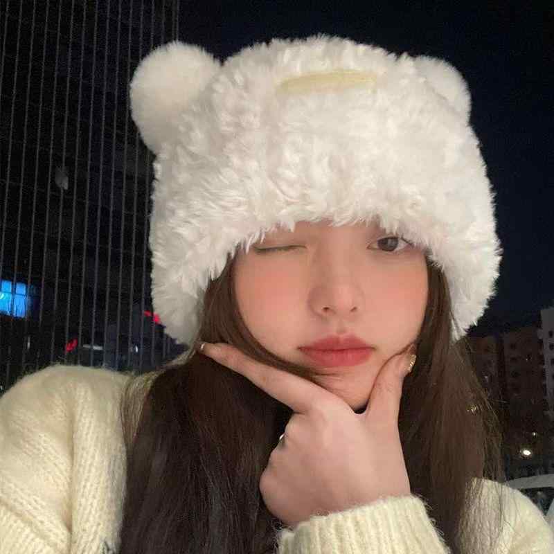 ニット帽 レディース かわいい 小熊 秋冬 厚手 防寒 保温 暖かい 小顔効果 無地 伸縮性 ぬいぐるみ ふわふわ もこもこ 普段使い