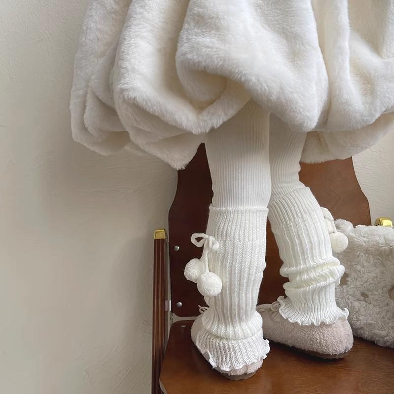 靴下 レッグウォーマー キッズ 秋冬 白色 毛糸 ニット ロング丈 子供 学生 レース ケーブル編み