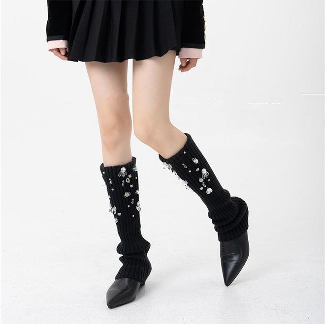 靴下 レディース 秋冬 春秋 ソックス 手縫い ジルコニア ロリータ JK かわいい ニーハイソックス レッ..