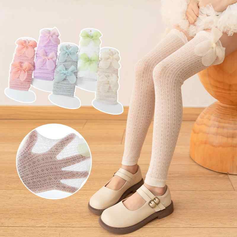 靴下 キッズ 子供用 薄手 膝丈 ハイソックス レッグウォーマー コットン 接触冷感 吸汗 通気性 無地 白 グレー ピンク系 紫 春夏