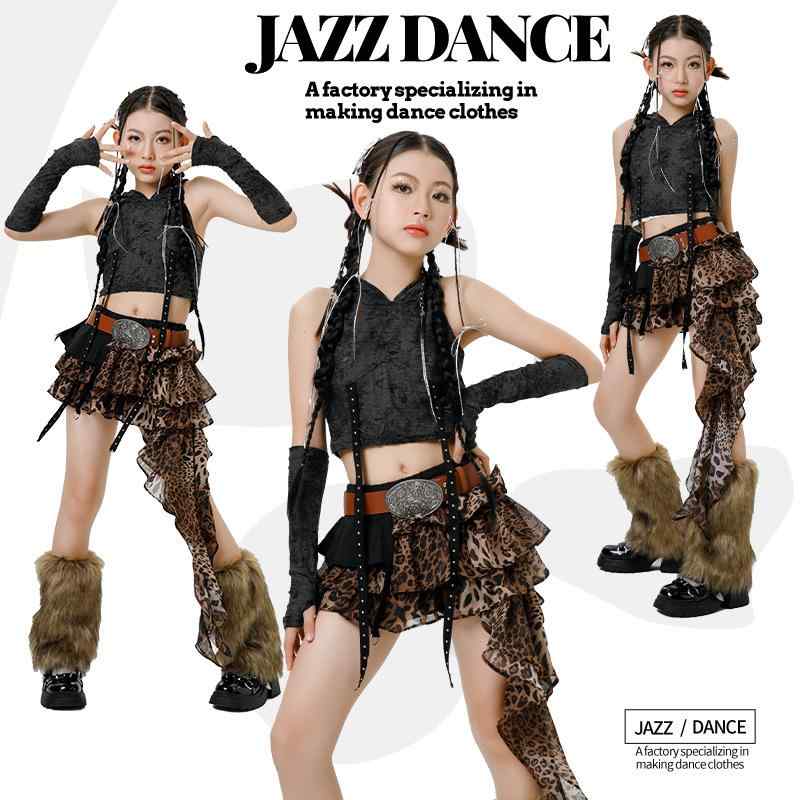 ダンス衣装 キッズ ヒョウ柄 切り替え トップス スカート セットアップ 子供 女の子 ガールズ 発表会 ..