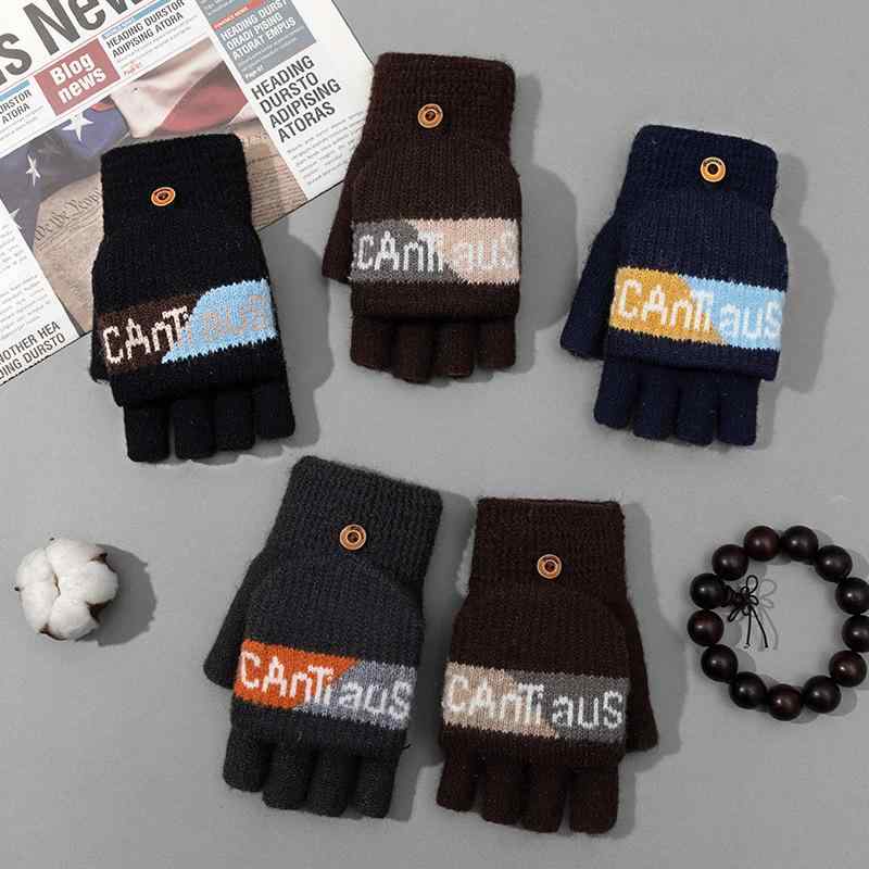 手袋 男の子用 防寒 グローブ ニット 提花 半指 手袋 あったか 裏起毛 自転車 通学 学生 秋冬