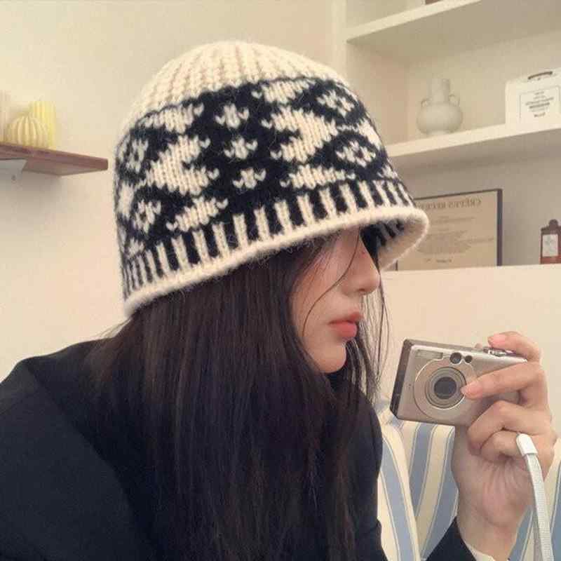 ニット帽 秋冬 ペア デザイナーズ レトロ 菱形 パターン 切り替え 防寒 保温 帽子