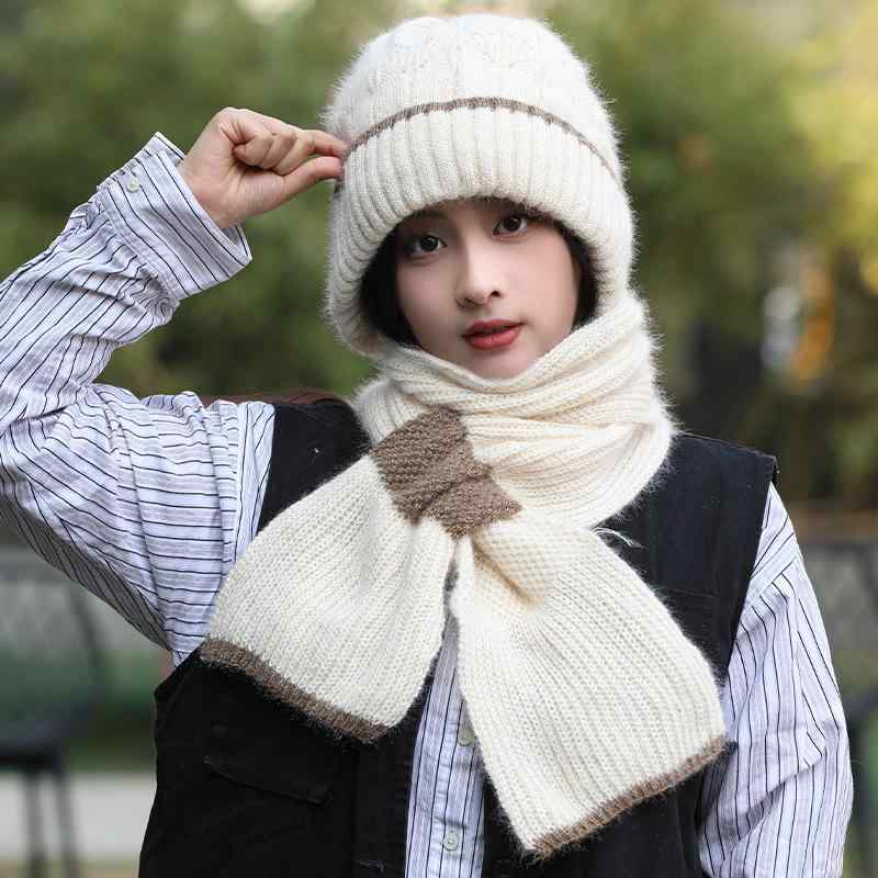ニット帽 レディース 秋冬 防寒 暖かい ネックウォーマー 一体型 帽子 韓国風 耳当て付き 配色 かわい..