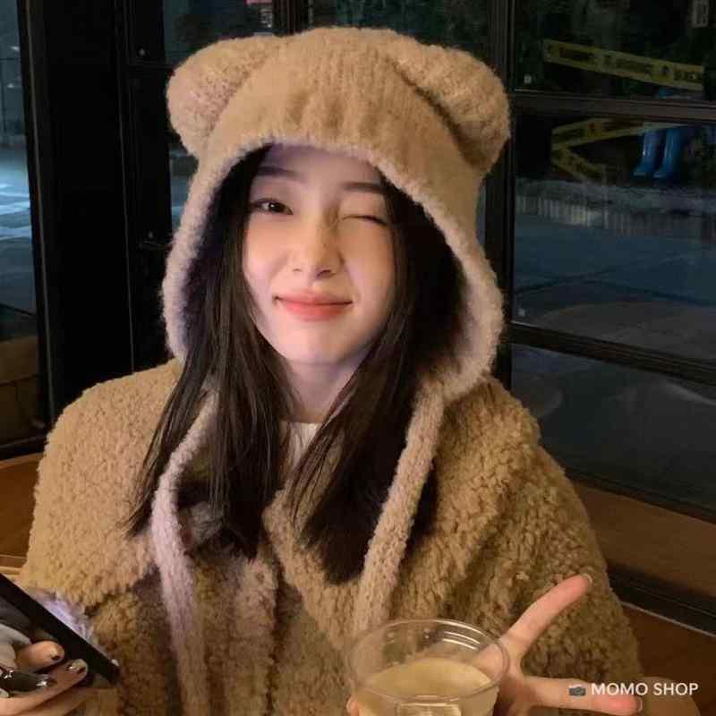 Knit Hat - ニット帽 レディース かわいい 小熊 耳あて付き 防寒 保温 帽子 大頭 囲 暖かい ブラック ホワイト カーキ グレー コーヒー ファッション 通勤