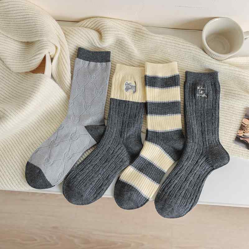 靴下 レディース 秋冬 厚手 ウール混 ミドル丈 ソックス ボーダー柄 暖かい 冷え取り ルームソックス 普段使い