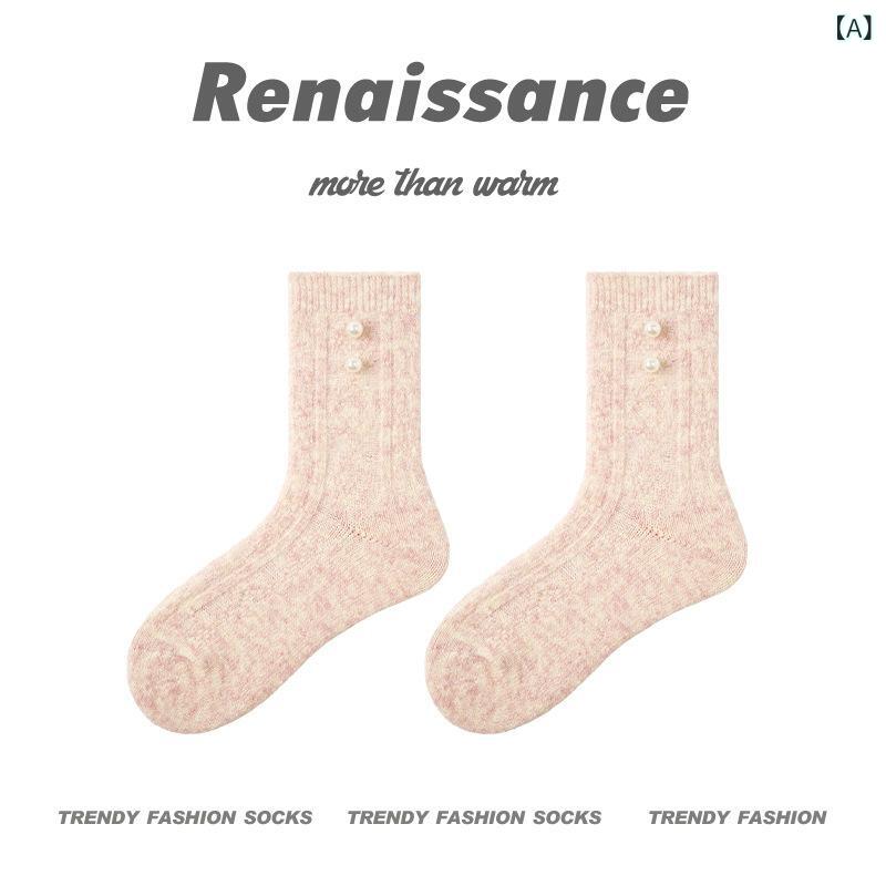 靴下 レディース 秋冬 中筒丈 ソックス ウール混 暖かい 真珠飾り プリンセス風 手編み 無縫製 黄粉色 ..