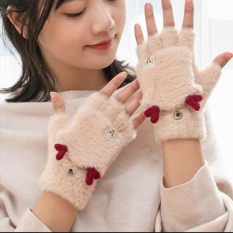 手袋 レディース 秋冬 防寒 グローブ スマートフォン対応 指なし ミトンカバー 鹿の角デザイン かわいい 自転車 バイク 運転 通勤 通学
