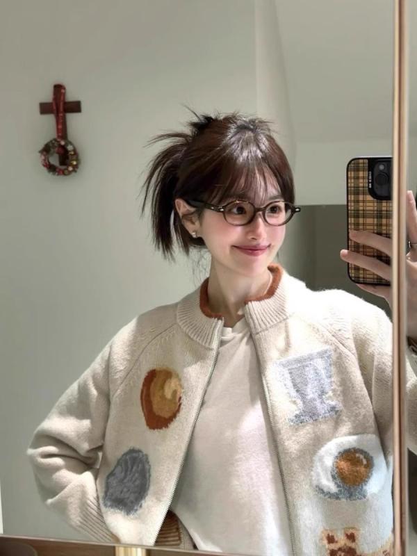 ニットカーディガン レディース 秋冬 韓国風 ジップアップ ニット トップス ゆったり かわいい 学院風 セーター 長袖 ミルクホワイト オフホワイト(4.0)