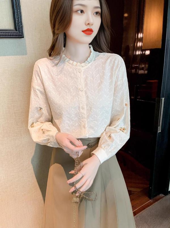 シャツ レディース 刺繍 コットン 秋物 トップス エレガント デザイン 長袖 ブラウス スタンドカラー 通勤 オフィス カジュアル
