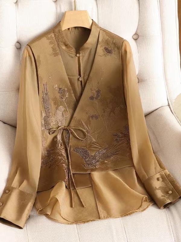 シャツ レディース チャイナドレス風 切り替え 刺繡 マキシ丈ワンピース レトロ風 ポリエステル混紡 ゆったり ラウンドネック 長袖 エスニック アジアンテイスト