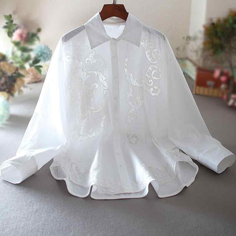 シャツ レディース 長袖 コットン 刺繡 花柄 Vネック ストライプ柄 ブラック ホワイト ゆったり 体型カバー 普段使い 通勤 オフィス きれいめ(4.0)