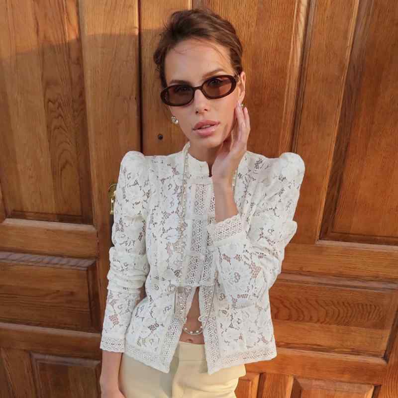 シャツ レディース レース コットン 立襟 パフスリーブ スリム 長袖 トップス ブラウス オフィス カジュアル きれいめ エレガント 白 黒 春夏