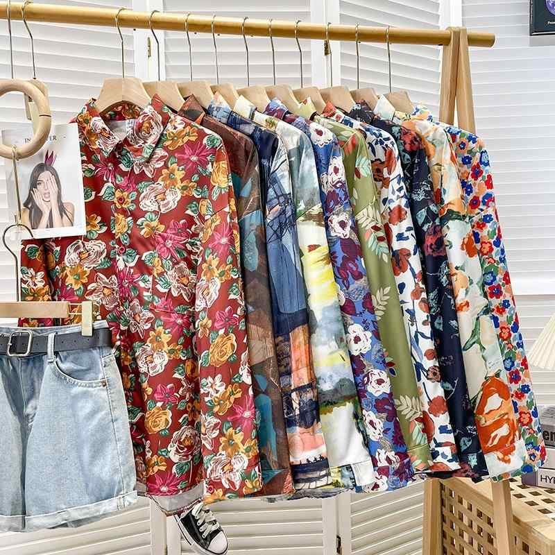 シャツ レディース 春秋 古着感 小花柄 フラワープリント トップス クラブ イベント パーティー 発表会 舞台 衣装 演奏会 コーラス 撮影用 黄色 赤 ピンク ブラック ブルー ホワイト レトロ