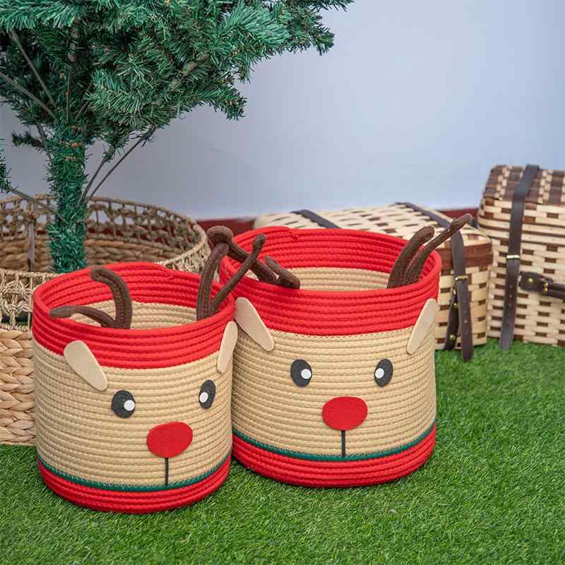 収納ケース レディース クリスマス 鹿モチーフ コットンロープ 編み込み 小物入れ 卓上収納 ギフト ラ..