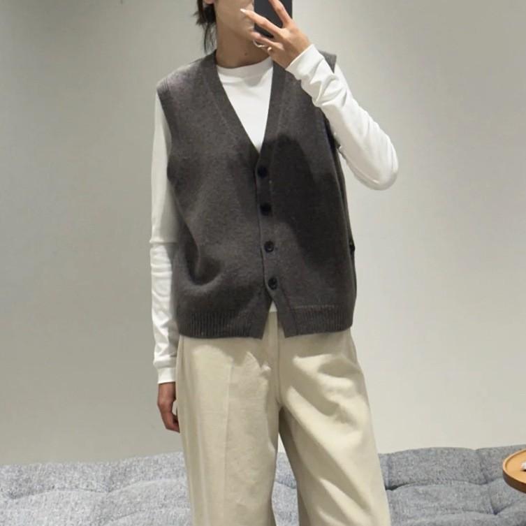 ニットベスト レディース Vネック ウール 無袖 カーディガン トップス 通勤 ブラウン 紺 白 グレー ベージュ(4.0)