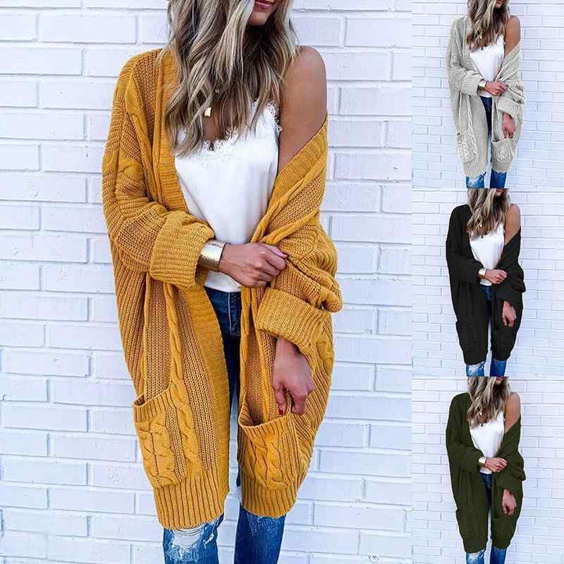 No Sleeve Knit - ニットカーディガン レディース 秋冬 Vネック ポリエステル 長袖 無地 ゆったり 普段使い 通勤 カジュアル イエロー グレー グリーン ブラック