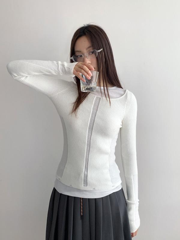 Three-Quarter Knit - ニット レディース 長袖 薄手 ラウンドネック トップス 韓国 ファッション カジュアル きれいめ フェミニン ガーリー オフィス 通勤 デート ブラック ホワイト