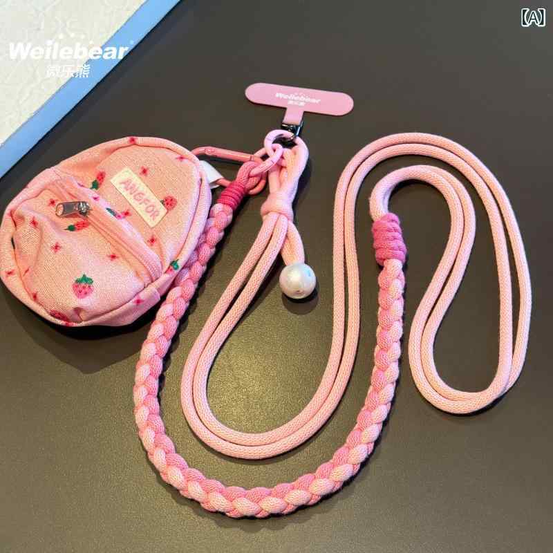 スマホストラップ レディース いちご柄 ミニ財布付き ネックストラップ 斜めがけ 編み込み 紛失防止 カードケース キーケース アウトドア ピンク ブルー