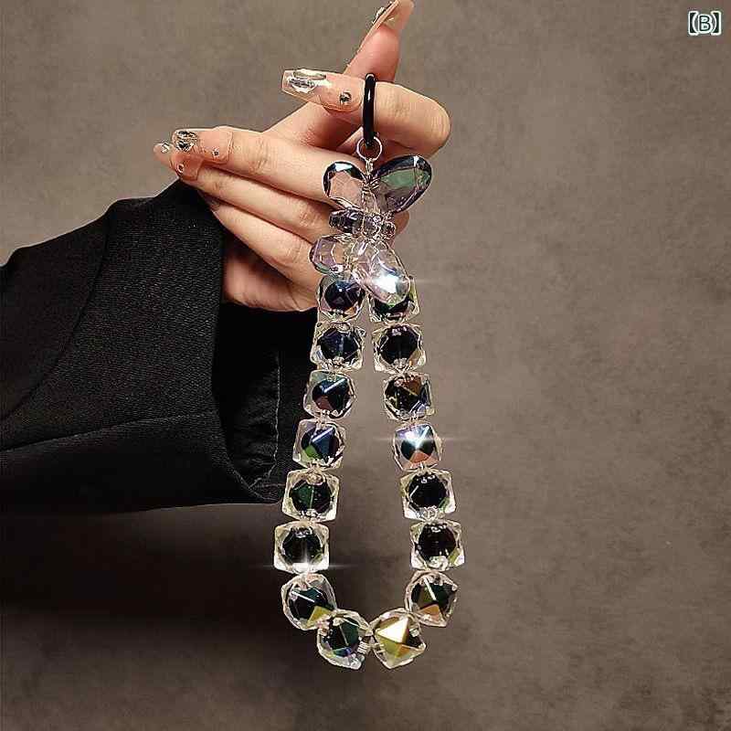 スマホストラップ 高級感 水晶 ビーズ チェーン ストラップ 手首掛け キーホルダー バッグチャーム 落下防止 ローズピンク ブラック ピンク 立体 蝶 菱形 格子柄