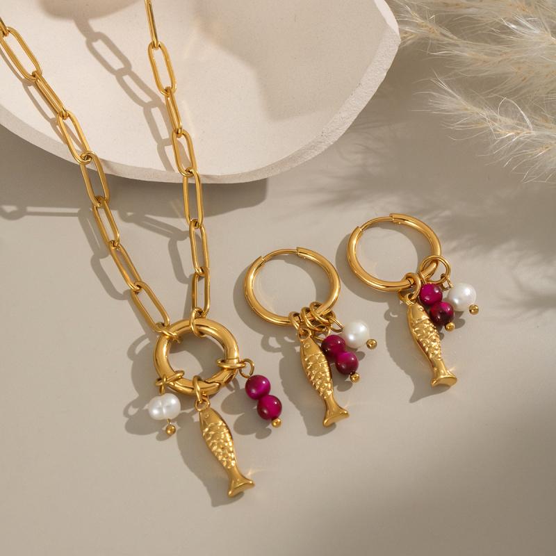 Opal - ネックレス レディース 海モチーフ 淡水パール イヤリング セット ステンレス 海辺 リゾート アクセサリー ボヘミアン ファッション 通勤用 普段使い